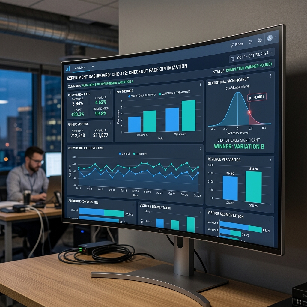 Teste A/B em execução — variação vencedora identificada