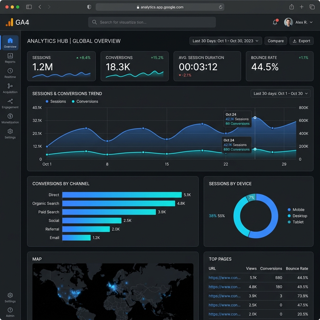 Dashboard de monitoramento semanal — Google Analytics 4 em tempo real