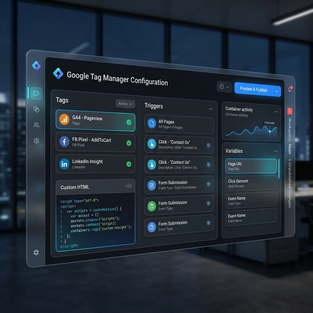 Container Google Tag Manager configurado — eventos e triggers ativos